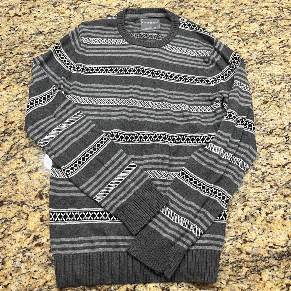 Aeropostale Mens Gray Striped Fair Isle Cotton Knit‎ Crew Neck Sweater Size M